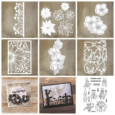 Floral Petals Plant Border Cover Metal Cutting Dies Robot Alien Clear Stamps for DIY Scrapbooking