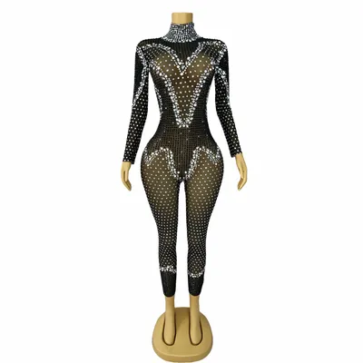 High Quality Sparkly Rhinestones Perform Costume Long Sleeves Mesh Jumpsuits Singer Party Show