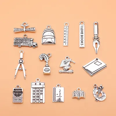15pcs School Supplies Ruler Book Compasses Calculator Crayon Palette School Bag Charms Collection,