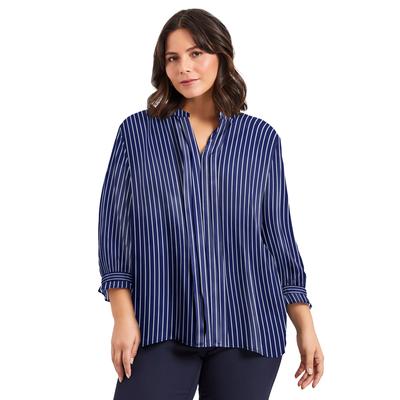 Plus Size Women's Pintuck Popover Top by Avenue in Evening Blue Pinstripe (Size 16)