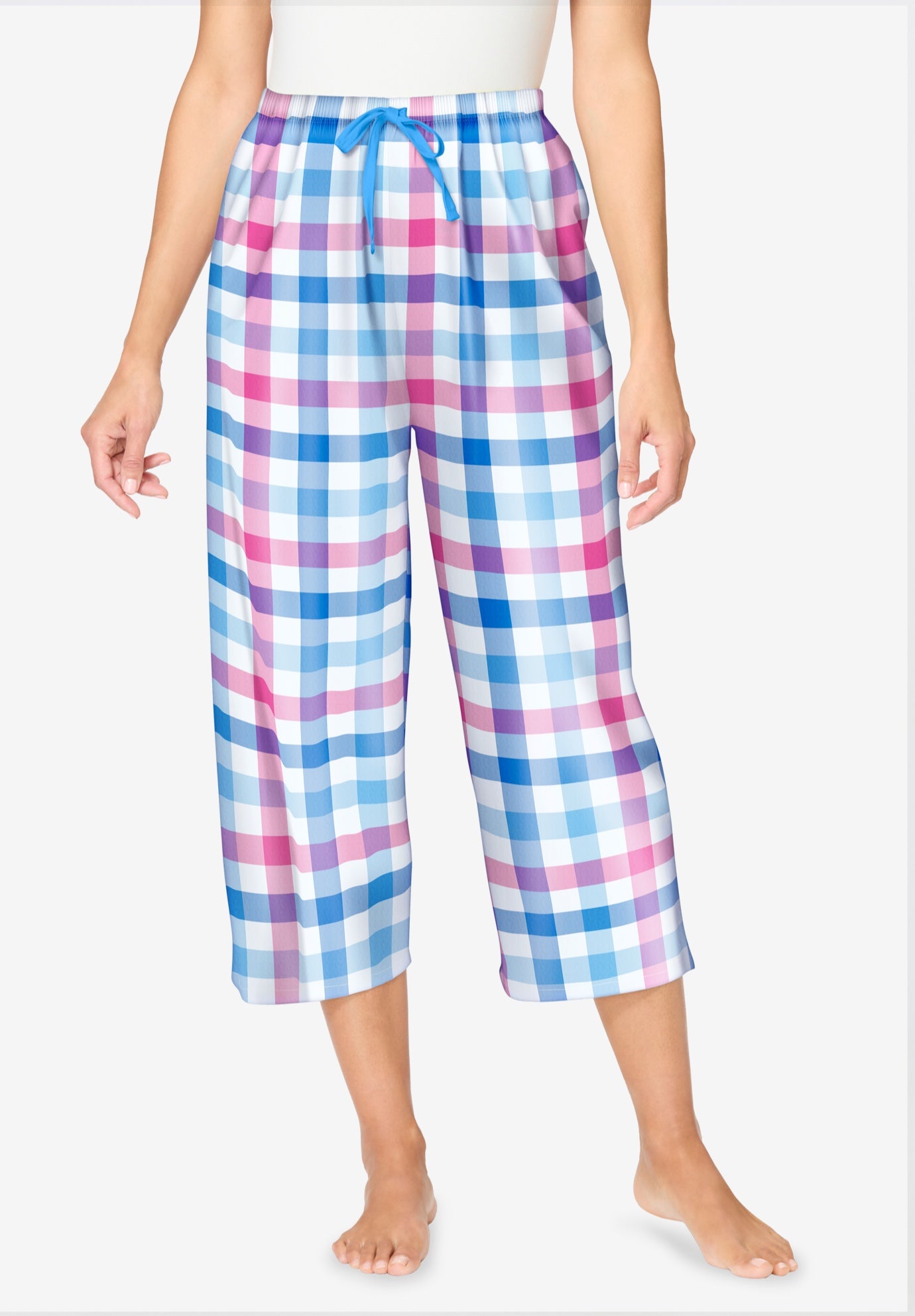 Plus Size Women's Woven Sleep Capri Pant by Dreams & Co. in Pink Blue Check (Size 6X)
