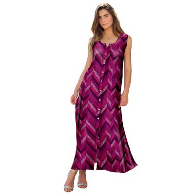 Plus Size Women's Hand Crinkled Button Front Dress by Roaman's in Berry Chevron Print (Size 18/20)
