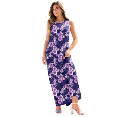Plus Size Women's Ultrasmooth® Fabric Sleeveless Maxi Dress by Roaman's in Navy Purple Floral (Size 22/24) Stretch Jersey Long Length Printed