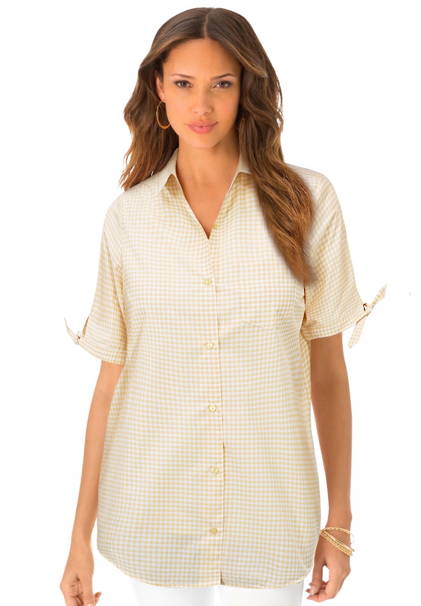 Plus Size Women's French Check Shirt by Roaman's in Banana Mini Check (Size 28 W)