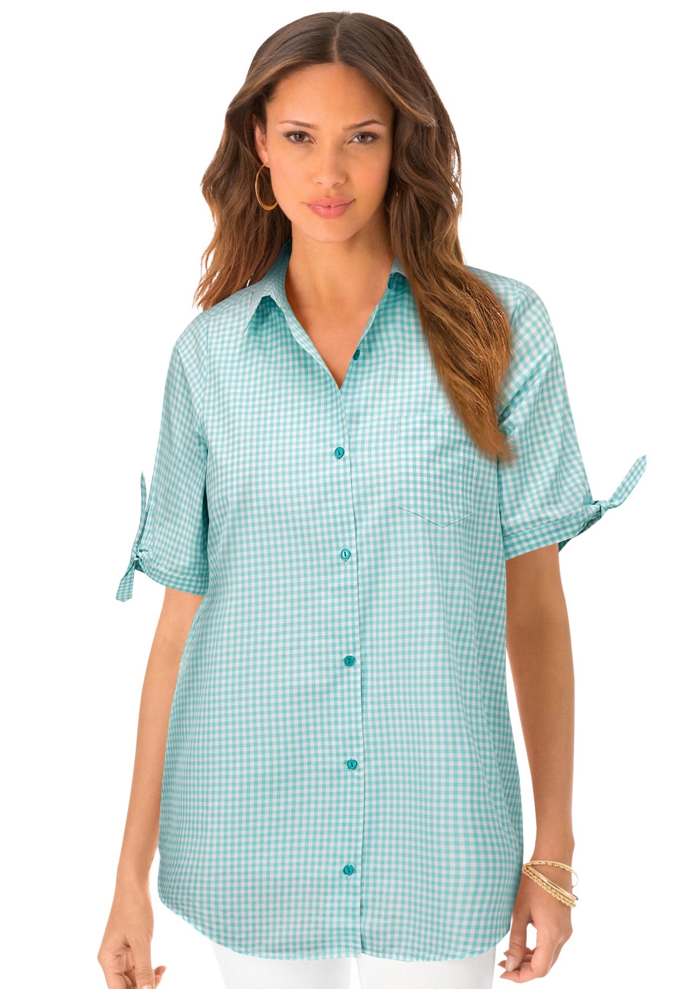 Plus Size Women's French Check Shirt by Roaman's in Aqua Mini Check (Size 42 W)