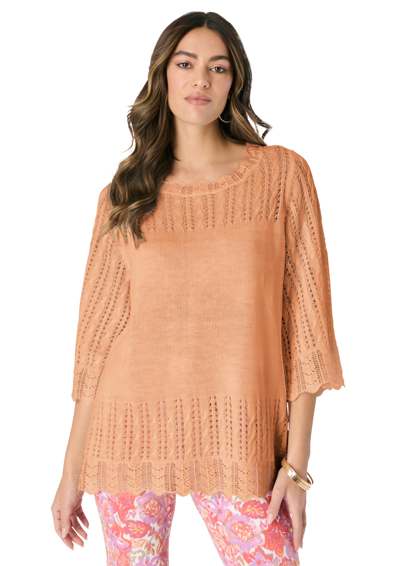 Plus Size Women's Pointelle Pullover Sweater by Roaman's in Peach Fuzz (Size 3X)