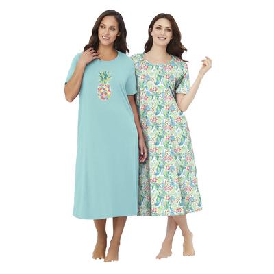 Plus Size Women's 2-Pack Long Sleepshirts by Dreams & Co. in Aqua Haze Tropical (Size 1X/2X) Nightgown