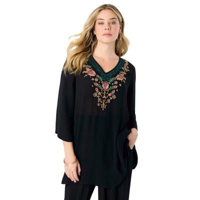 Plus Size Women's Embellished Crinkle Tunic by Roaman's in Black Flower Embellishment (Size 26 W)