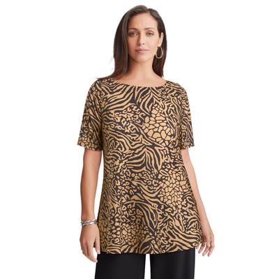 Plus Size Women's Stretch Knit Boatneck Swing Tunic by The London Collection in Camel Mixed Animal (Size S)