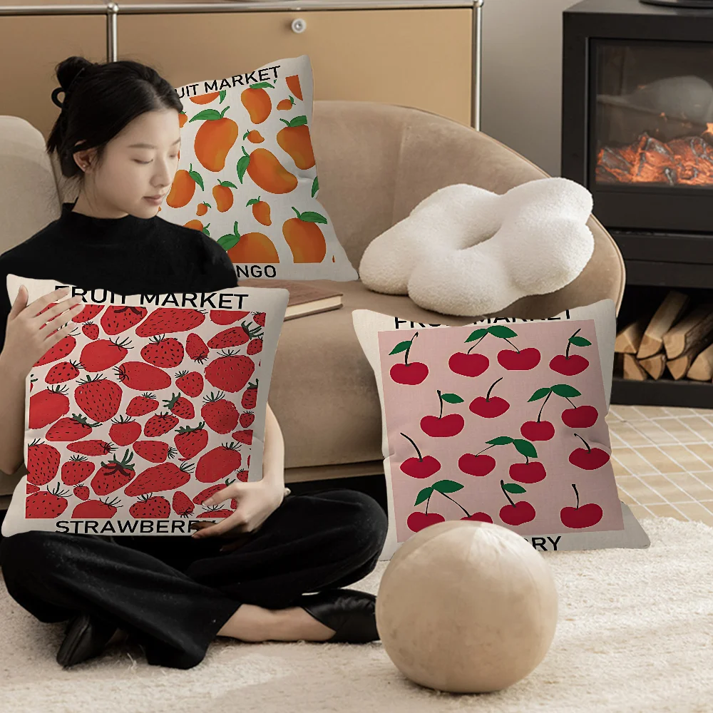 Obstmarkt Kirsche Zitrone Birne Banane Orange Kissenbezug Auto Dekokissenbezug für Sofa Auto Weihnachtsgeschenk 40x40cm 45x45cm