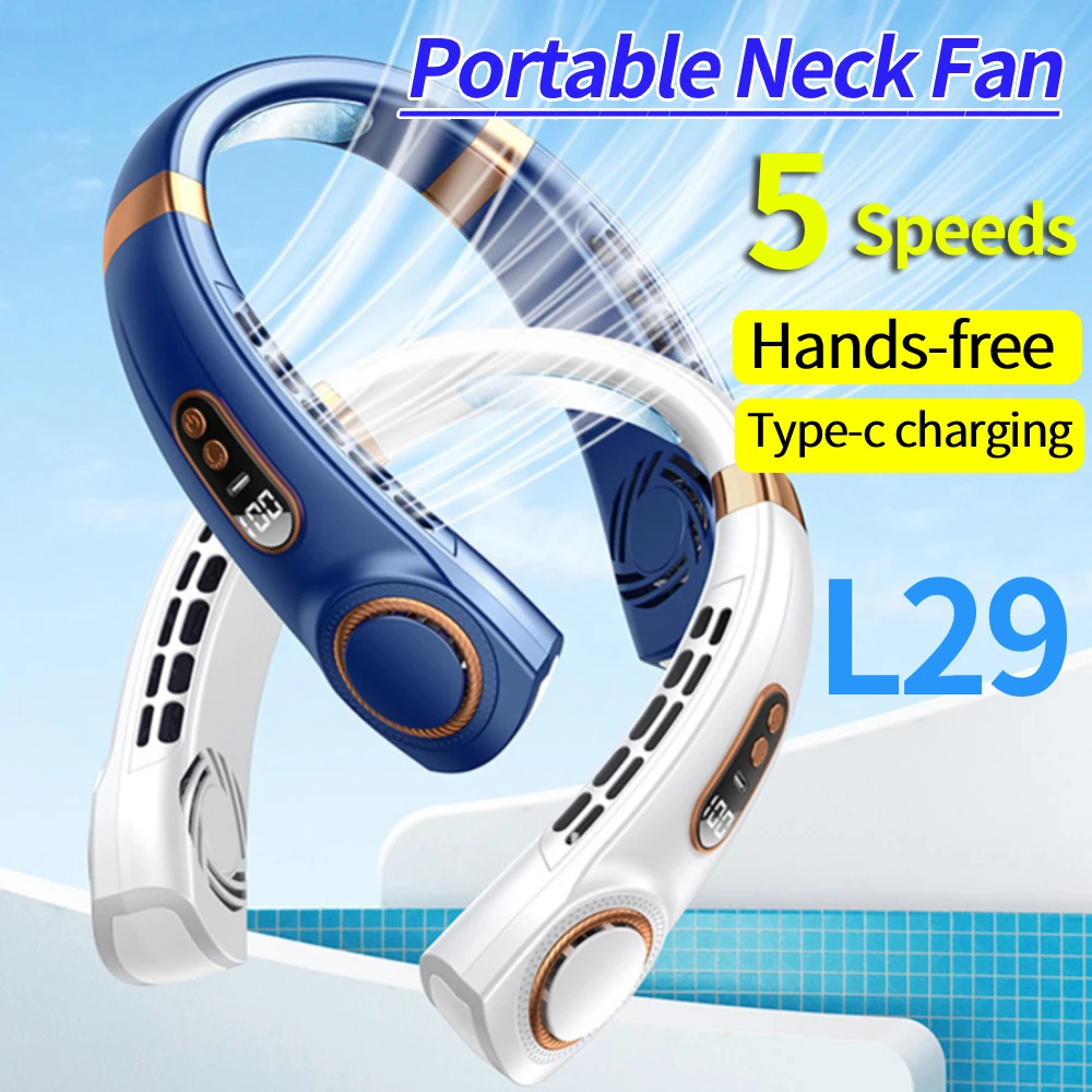 Stummschaltender persönlicher USB-Ventilator, LED-Digitalanzeige, 5 Geschwindigkeiten, wiederaufladbar, blattloser tragbarer Nackenventilator für Zuhause, Schule, Büro Image