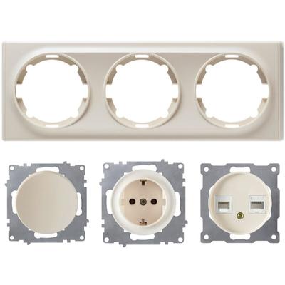 Schuko-Steckdose, Lichtschalter, Daten-Anschlussdose 2-fach mit Abdeckrahmen 3fach, waagerecht, Image