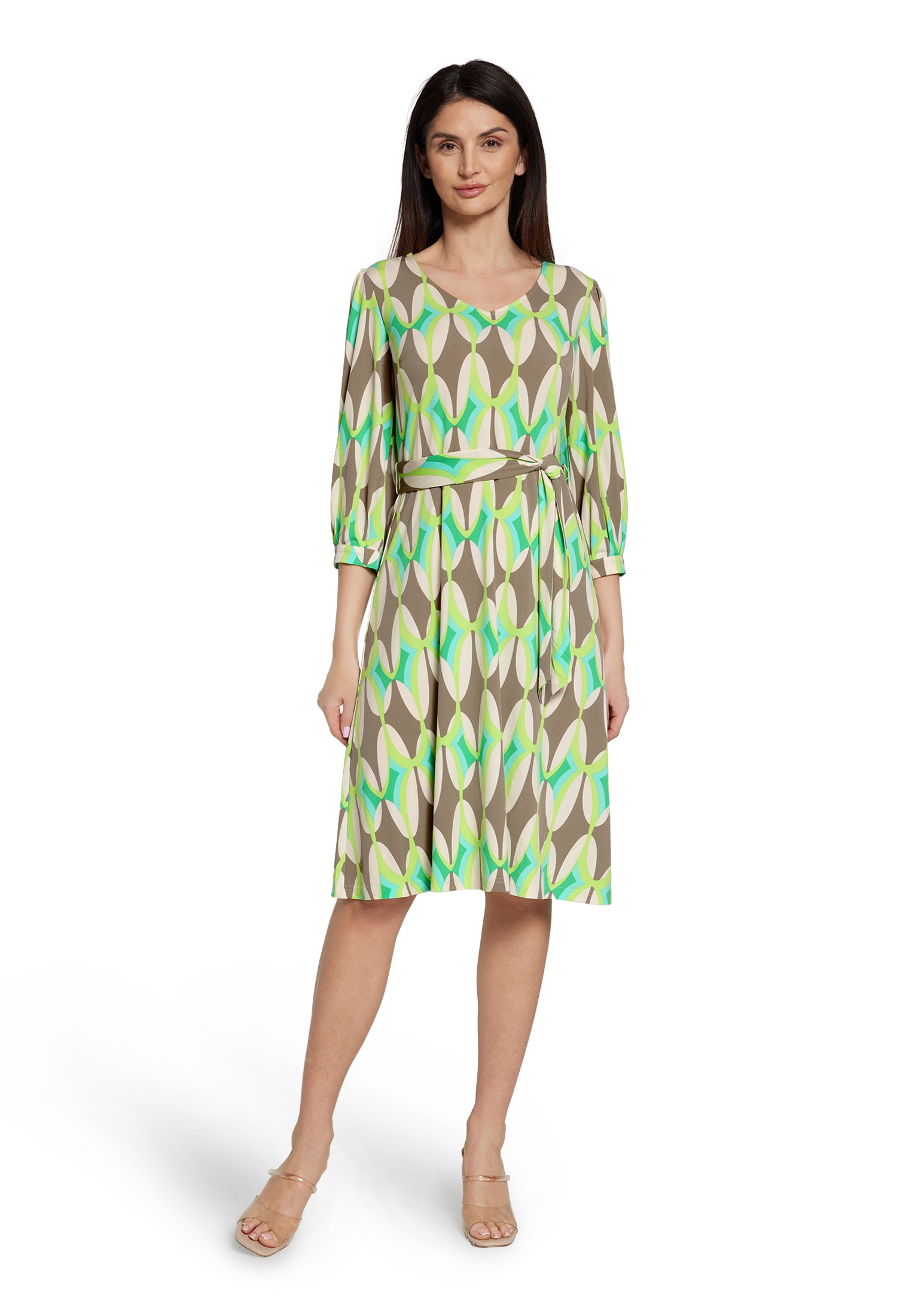 Jerseykleid BETTY BARCLAY "Damen Sommerkleid Jerseykleid mit überschnittenen Ärmeln", Damen, Gr. 38, Normalgrößen, grün (khaki, grün), Jersey, Obermaterial: 94% Polyester, 6% Elasthan., figurumspielend kurz, V-Ausschnitt, Kleider, Druck Image