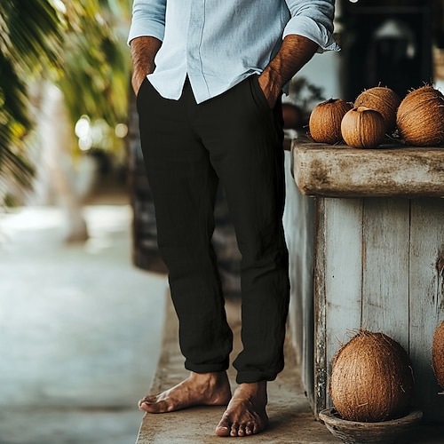 Herren Leinenhosen Hose Sommerhose Strandhose Tasche Elastischer Bund Kordelzug Einfach Komfort Atmungsaktiv Volle Länge Outdoor Täglich Ferien Mode Retro Vintage Schwarz Weiß Mikroelastisch Image
