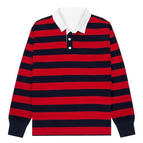 Herren Streifen Rugby-Poloshirt Langarm Polo-Shirts Hemden mit Kragen Lässig Schule Outdoor Athleisure 3D-Druck Frühling Herbst Winter Rote Image