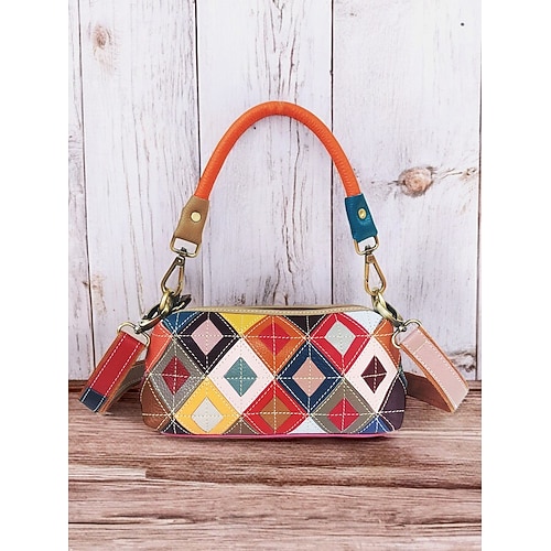 farbenfrohe Umhängetasche aus gestepptem Leder mit geometrischem Farbblockmuster in zufälligen Farben – stilvolles und lebendiges Accessoire für Damen, ideal für Freizeitausflüge und den Alltag Image