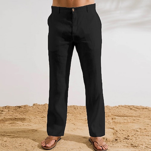Herren Leinenhosen Hose Anzughose Sommerhose Tasche Knöpfe Gerader Schnitt Einfach Komfort Atmungsaktiv Volle Länge Outdoor Lässig Täglich Mode Klassicher Stil Schwarz Weiß Image