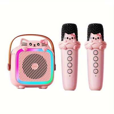 TEMU Karaoke Machine Portable Speaker With Wireless Microphone, Cute Cat Shaped Party Christmas Pink 2 Microphones, Suitable For Parties And Festivals, Multi Person To