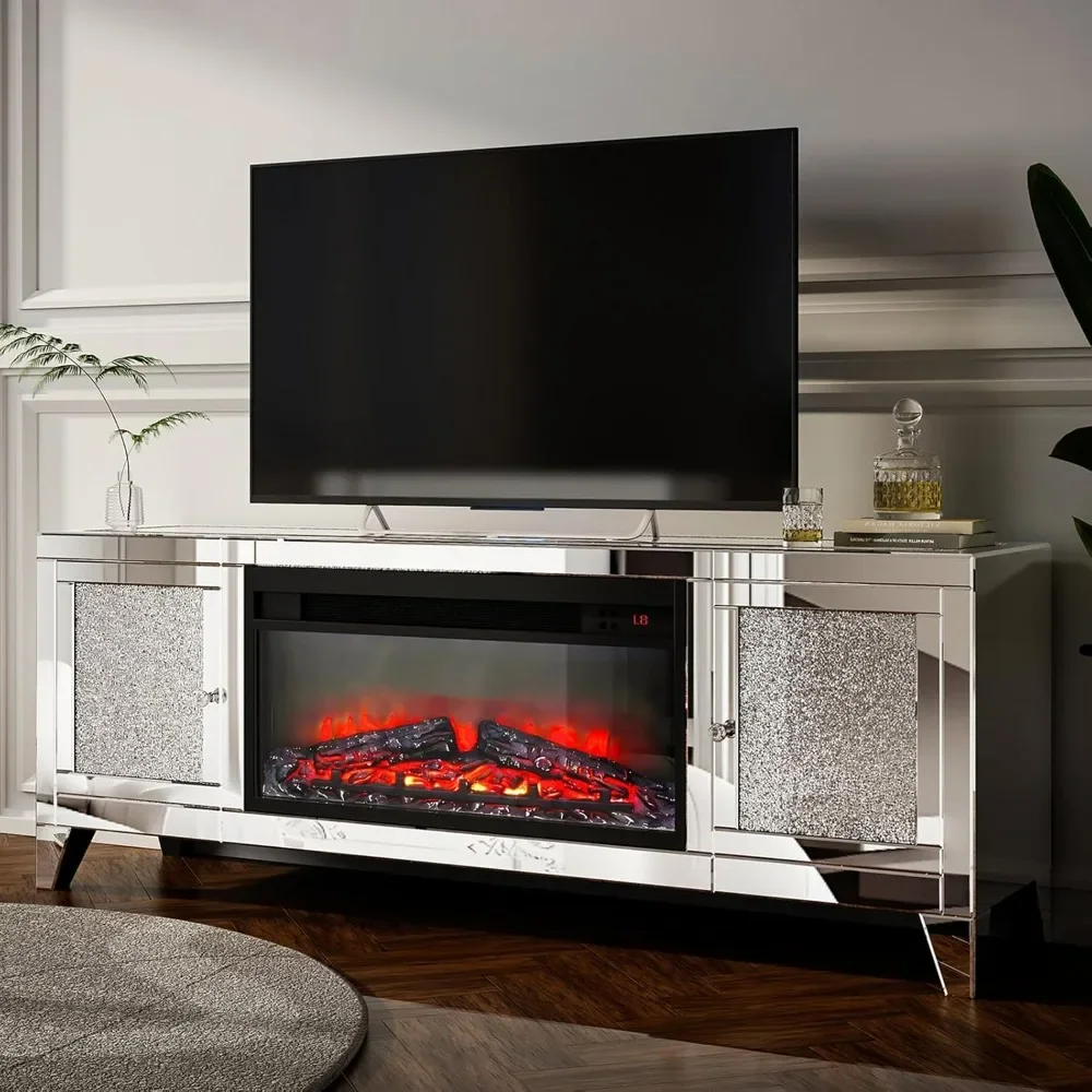 Supporto TV per camino, supporto TV argento a specchio per TV da 65", supporti TV alti Centro di intrattenimento con contenitore, camino elettrico