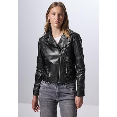 Bikerjacke STREET ONE STUDIO, Damen, Gr. 44, schwarz, Stoff, Obermaterial: 100% Polyester; Futter: 100% Polyester, unifarben, casual, normal normal, V-Ausschnitt, Langarm Bündchen, Jacken, mit Reverskragen Image