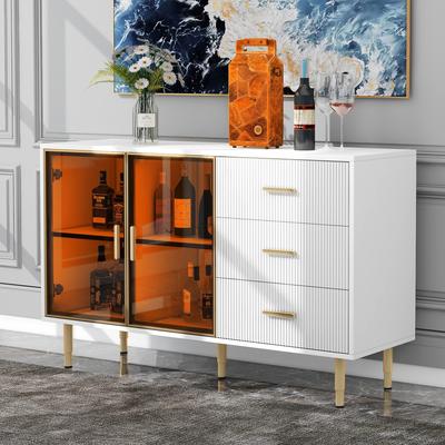 Modern Cabinet with Tempered Glass Doors, Three Drawers and Adjustable Shelves