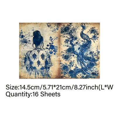 TEMU Vigus 16 Sheets Blue Porcelain Goddess Silhouette Watercolor Craft Paper - A5 Vintage Floral & Botanical Journaling Supplies For Diy Art, Scrapbooking, Gift Wrapping, Vignus Paper Image