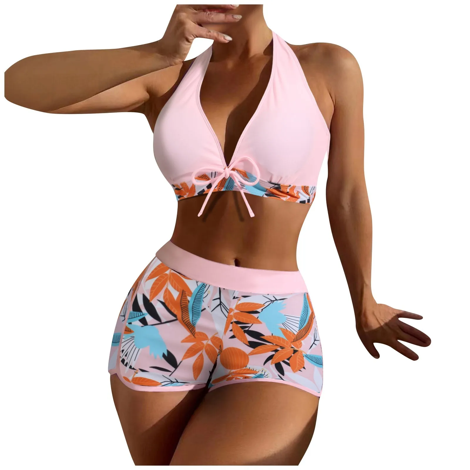 Bikini-Set mit hoher Taille, getäfelt, bedruckt, kurzer Badeanzug, Retro-Frischblatt-Druck, hängender Halsband-Badeanzug, zweiteilige Strandmode Image