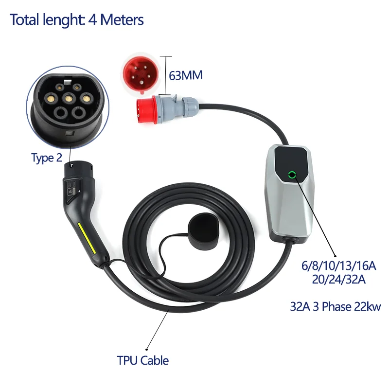 22 kW 32 A 3-phasiges mobiles Typ 2 Elektroauto-Ladegerät EV Wallbox mit roten CEE5-Pins-Stecker Image