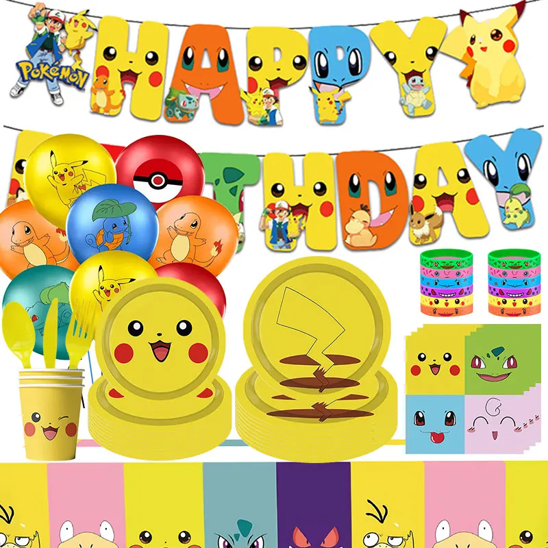 Pokemon Geburtstagsdekorationen Pikachu Luftballons Kit Geschirr Teller Serviette Hintergrund Banner für Kinder Party Babyparty Zubehör Image
