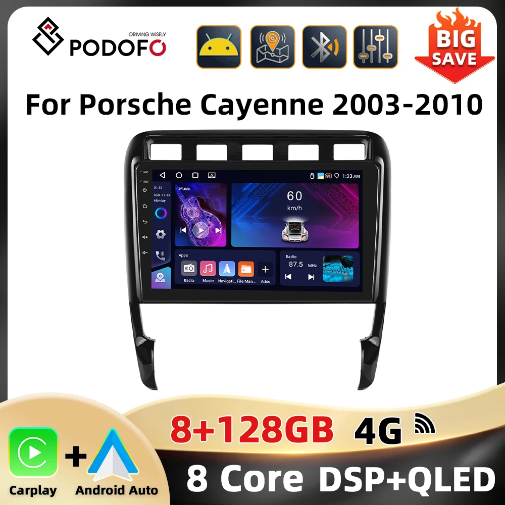 Podofo Carplay 9'' Car Stereo For Porsche Cayenne 2003-2010 Multimedia Player Navigation Android Auto GPS Mirror Link FM RDS BT Image