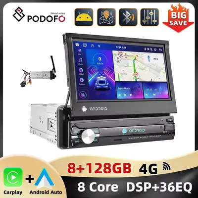 Podofo 1Din 7'' Car Multimedia Player 8+128G 8Core Car Radio Carplay Android Auto WIFI GPS Navigation Retractable Screen Stereo