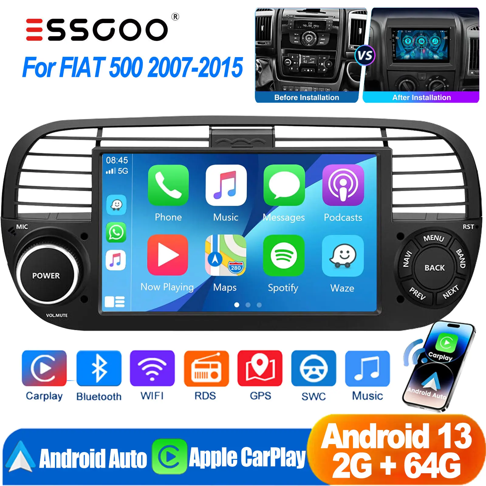 ESSGOO 7" Android 13 2+64G Carplay Android Auto Autoradio Multimedia-Player GPS Navigation WIFI FM RDS Bluetooth Touchscreen Für Fiat 500 2007-2015 Schwarz/Weiß Image