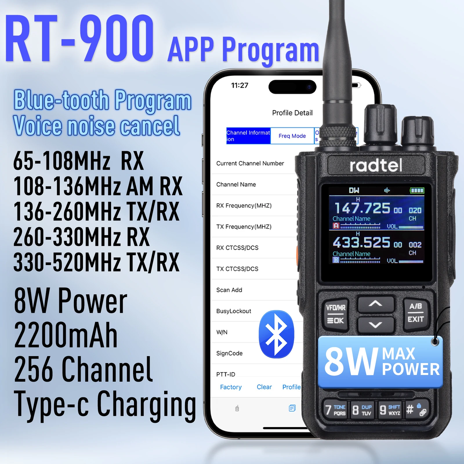 Radtel RT-900 8W Vollband-Amateurfunk Walkie Talkie 256CH Air Band Zwei-Wege-Radiosender Luftfahrt NOAA Police Marine River PTT Image