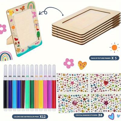 TEMU 21pcs Painting Frame Painting Handmade Set, Diy Wooden Photo Frame, 5 Frames With 12 Watercolor Pens And 4 Diamond Stickers, Christmas, New Year, Valentine's Day Gift