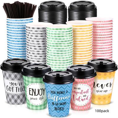 TEMU 100pcs Inspirational Quotes Disposable Coffee Cups With & Straws - 16oz Paper Cups For Water, Juice, Coffee, Tea - Home, Cafe, Events, Yaomiao