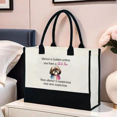 TEMU 1pc Shih Tzu Printed Canvas Tote Bag For Women - Large Capacity, Lightweight, Machine Washable, Unlined Shoulder Bag With Matching Makeup Pouch, No-closure, , Zip Closure