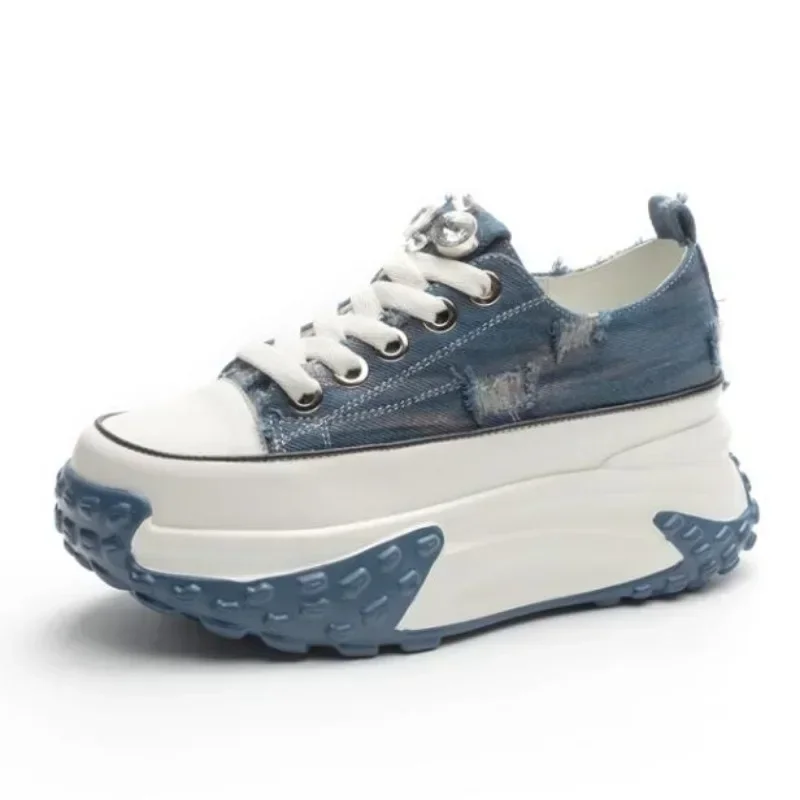 6CM Denim Echtes Leder Plattform Keil Schuhe Chunky Sneaker Casual Bequeme Hohe Marke Strass Frühling Bling Herbst Schuhe