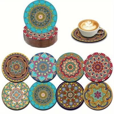 TEMU 8pcs Moroccan Mandala Wooden Coasters Set, Decorative Cup Mats For Coffee, Tea, Drinks, Ideal For Home And Dining, Housewarming, Perfect Gift