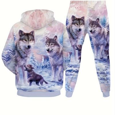 TEMU Wolf Print Men'-piece Casual Hooded Long Sleeved Sportswear Set Suitable For Autumn And Winter Men To Wear