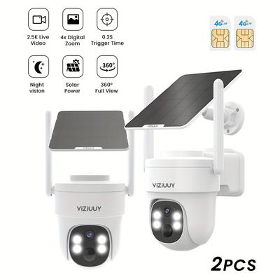 TEMU 2pcs 4g Lte Solar Security Camera - 2.5k Hd, 360Â° Pan-tilt, Motion Detection & Siren, Color Night , Sim Card Included, No Wifi Needed