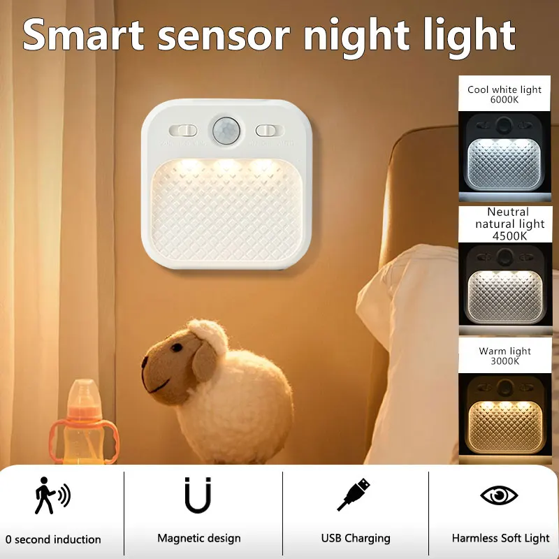 Bewegungsmelder, LED-Nachtlicht, wiederaufladbar, kabellos, magnetische Saugkraft, Nachtlicht für Schlafzimmer, Küche, Treppe, Schrankbeleuchtung