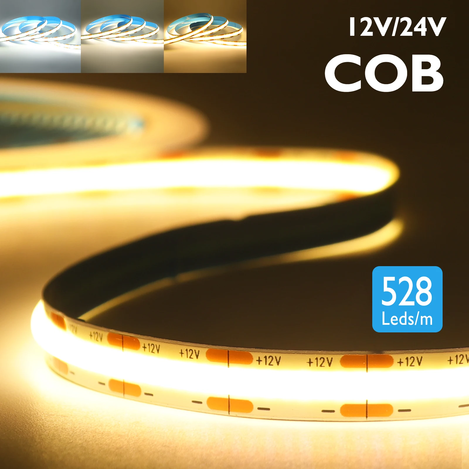 DC 12V 24V 528LEDs/M COB-Streifen 3000K 4000K 6000K Weiß Home Decor Hochhelles flexibles Bandseil LED-Licht 0,5-10m Image