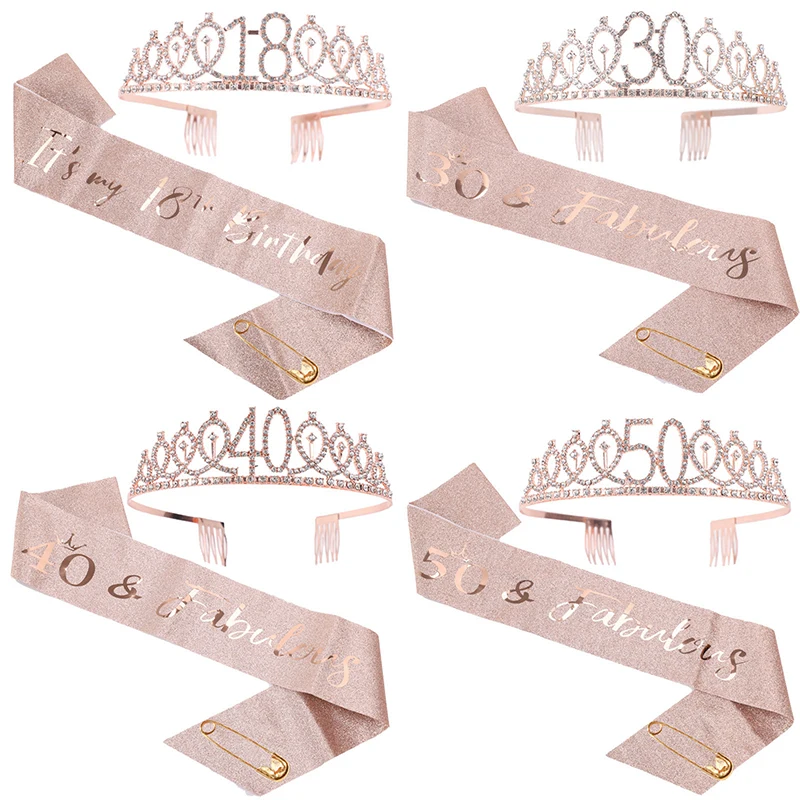Mädchen-Geburtstagsparty-Dekorationen, Roségold, Satin-Schärpe, Kristallkrone, Tiara, 18, 30, 40, 50, alles Gute zum Geburtstag, Jahrestag, Partyzubehör Image
