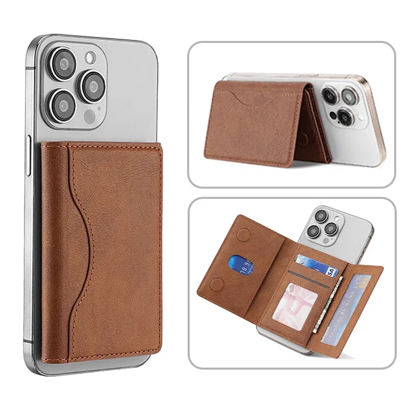 Dreifach faltbare magnetische Handy-Geldbörse, PU-Leder, Kartentasche, Magsafe-Kartenhalter-Geldbörse für Apple IPhone 16, 15, 12, 13, 14 Pro Max Plus Mini Image