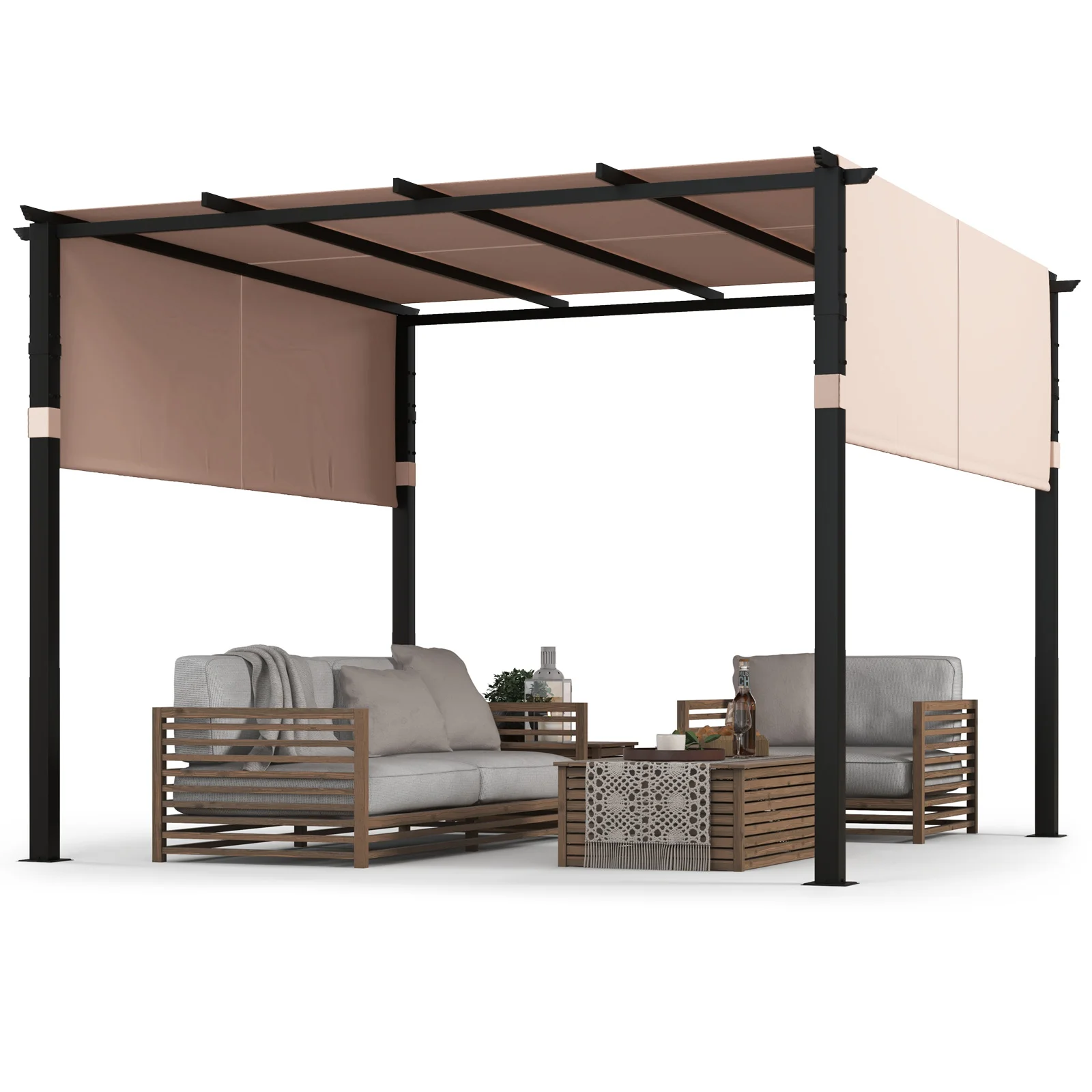 Pergola mit 2 verstellbaren Dächern, 3,05x3,05m Pavillon wasserdicht stabil Winterfest, Gartenpavillon mit robusten Metallsäulen Image