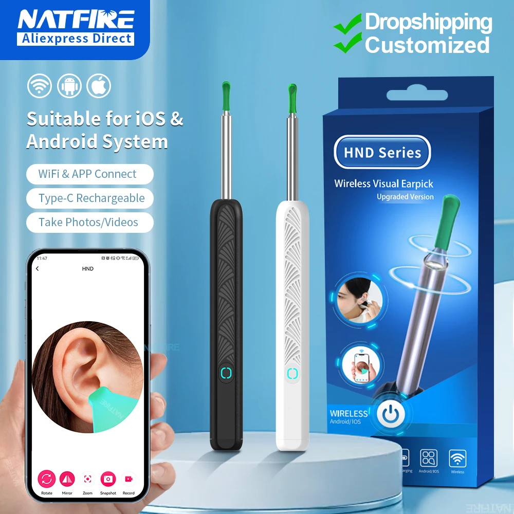 Dropshipping Ohr Reiniger mit Kamera Drahtlose Ohr Sticks Otoskop USB C Lade Endoskop Wachs Entfernung Werkzeug Earpick MIni Kamera Image