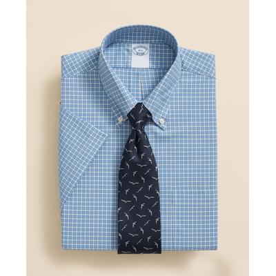 Brooks Brothers Men's Stretch Supima Cotton Non-Iron Broadcloth Polo Button-Down Collar, Checked Short-Sleeve Dress Shirt | Blue | Size 15