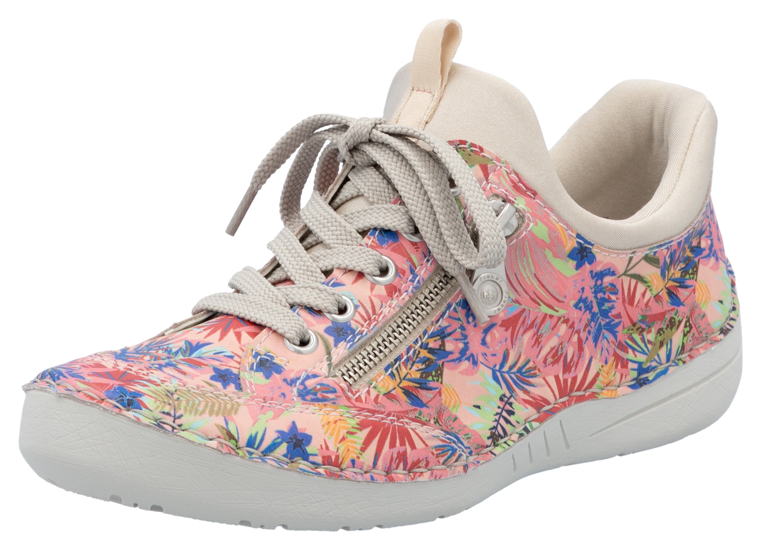 Slip-On Sneaker RIEKER, Damen, Gr. 37, bunt (beige multi), Lederimitat, Textil, geblümt, Schuhe Sneaker, Freizeitschuh, Halbschuh, Schlupfschuh mit aufgesetzter Schnürung