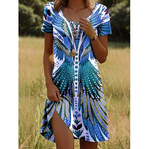 Damen Mini-Kleid Boho Lässiges Kleid Petite Kleid T-Shirt Kleid Tee Kleid Sommerkleid Stilvoll Lässig Urlaub Lässig Täglich Reguläre Passform Grafik Kurzarm Crew Neck Kastanienrot Rosa Blau Grün Image