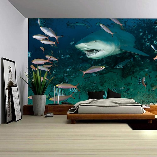 Landschaft Ozean Fische hängender Wandteppich Wandkunst großer Wandteppich Wanddekoration Fotohintergrund Decke Vorhang Zuhause Schlafzimmer Wohnzimmerdekoration Image
